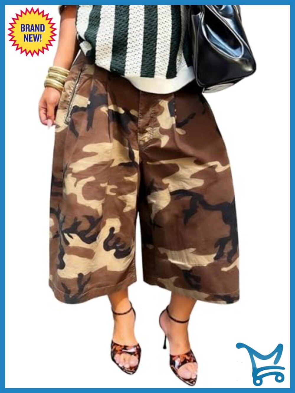 Women Camo Cargo Pants Wide Leg High Waist Cropped Capris Army Fatigue Bermuda